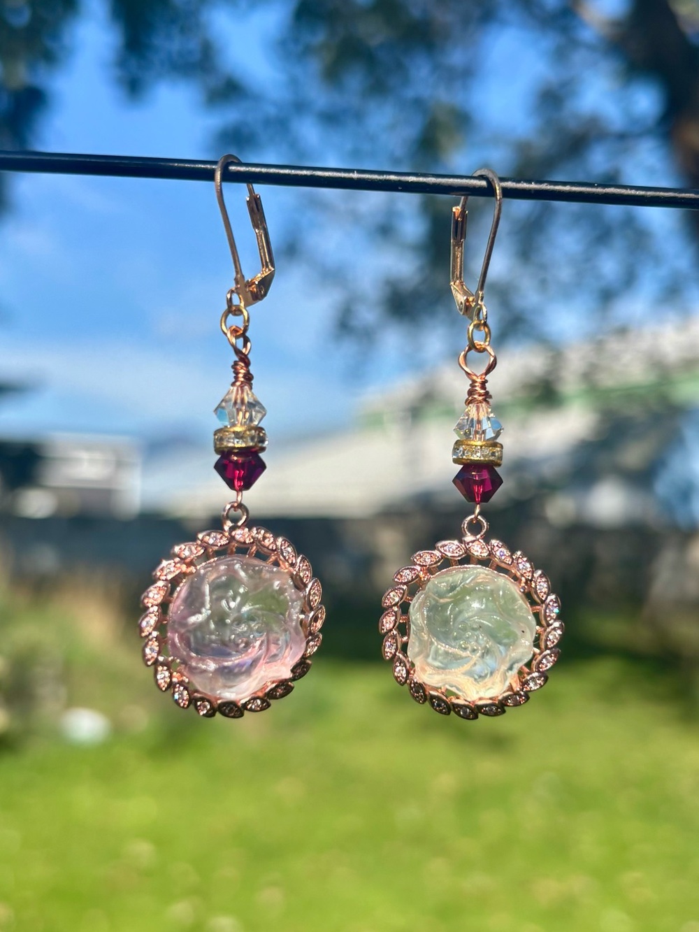 Handmade gemstone rose earrings.